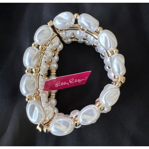Lilly Pulitzer CZ Cuff Bracelet Gold-tone Rhinestone Faux Pearls Stretch NWT - Picture 3 of 12